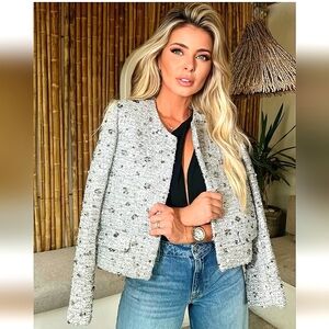 Zara tweed textured sequined blazer SILVER GRAY size S